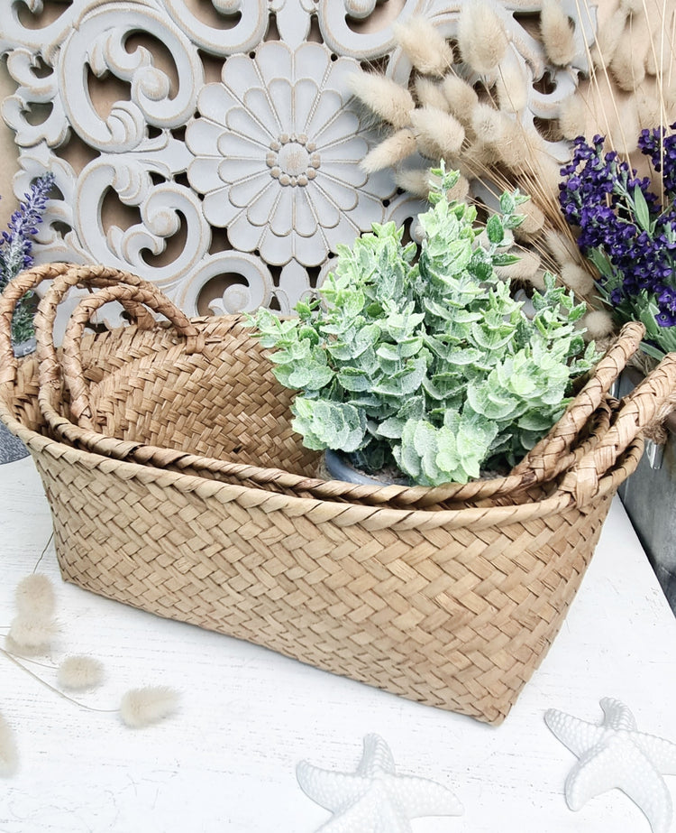 Set 3 Natural Woven STRAW Baskets Storage Organisation Planter