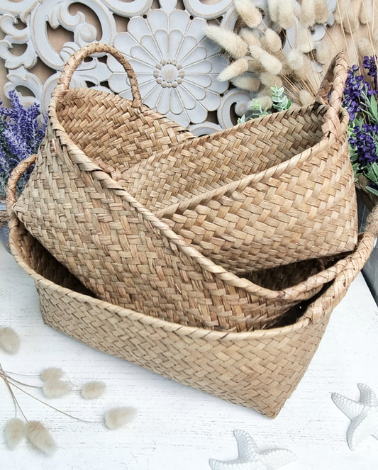 Set 3 Natural Woven STRAW Baskets Storage Organisation Planter