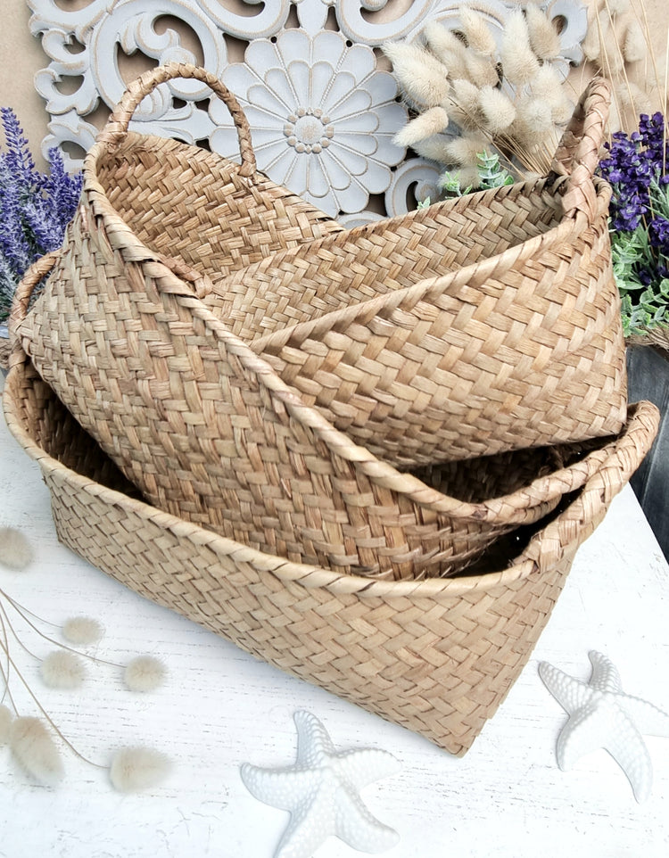 Set 3 Natural Woven STRAW Baskets Storage Organisation Planter