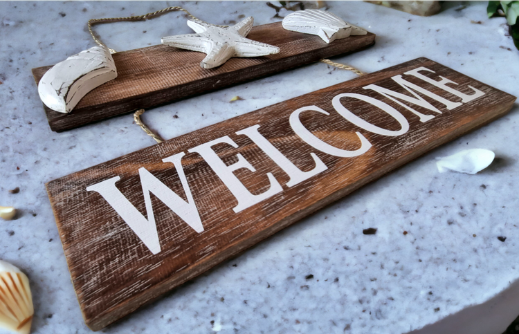 Coastal 'WELCOME' Rustic Wooden Beach hanging Sign