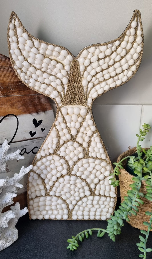 Hamptons Coastal Natural Shell Whale Mermaid Tail 45cm