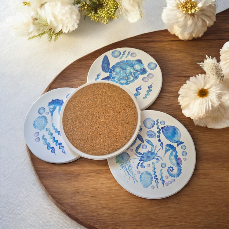 Coaster S/4 Ceramic Hamptons Blue White Sea life