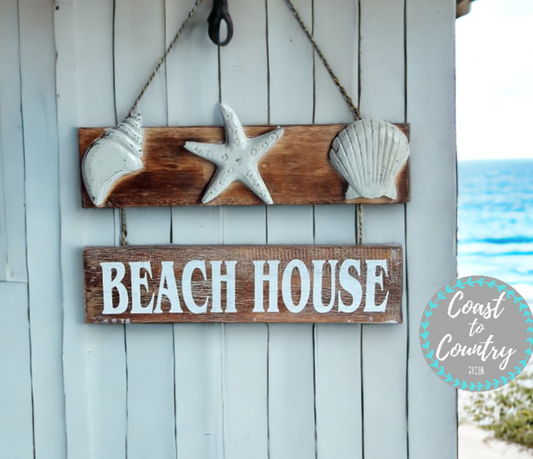 Coastal 'BEACH HOUSE' Rustic Wooden Beach Hanging Sign