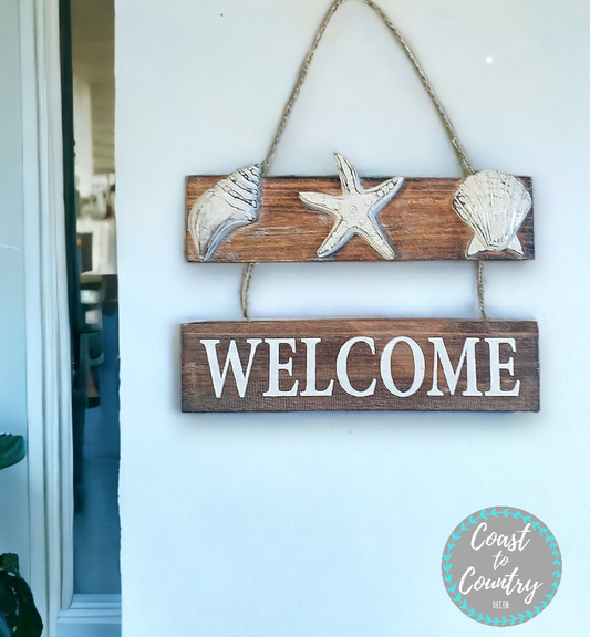 Coastal 'WELCOME' Rustic Wooden Beach hanging Sign