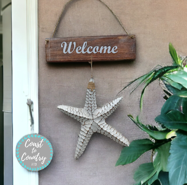 Coastal 'WELCOME' Star Fish Rustic Wooden Beach hanging Sign