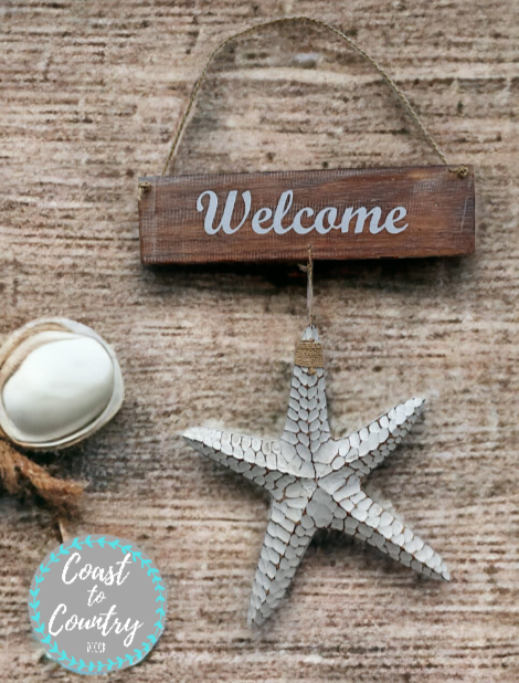 Coastal 'WELCOME' Star Fish Rustic Wooden Beach hanging Sign