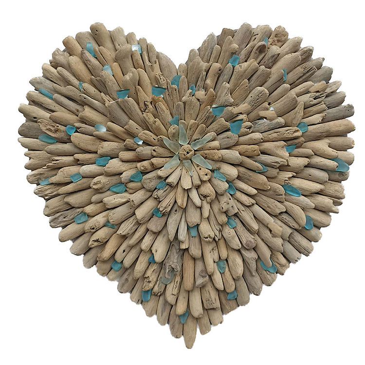 Coastal Natural Driftwood Sea Glass Heart 30cm