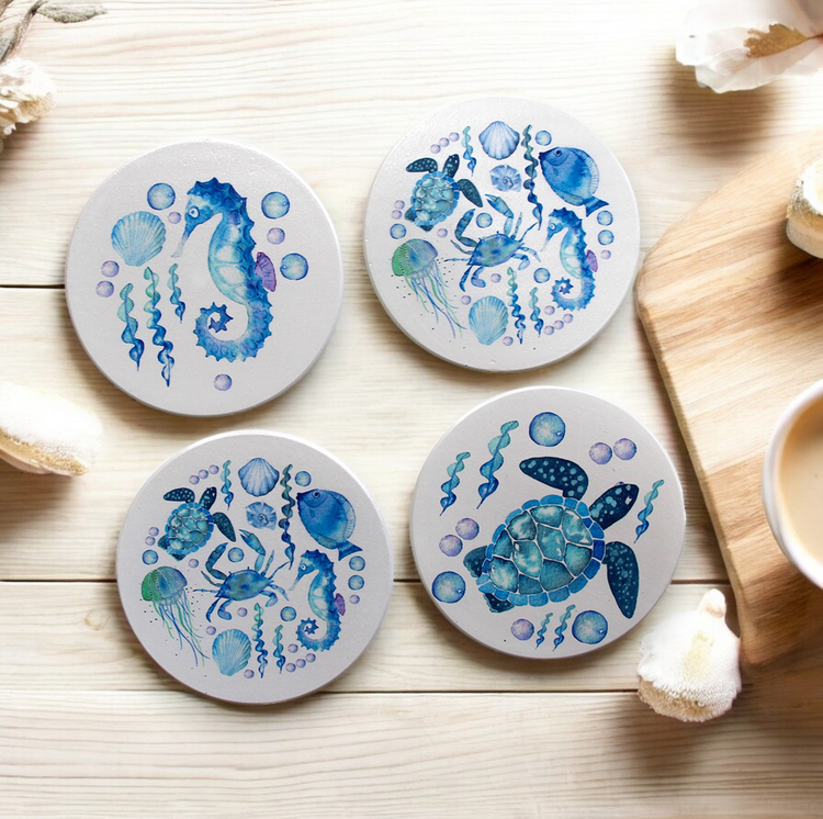 Coaster S/4 Ceramic Hamptons Blue White Sea life