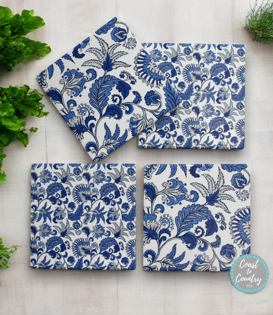 Blue White ceramic Coaster set of 4 - Royal Blue