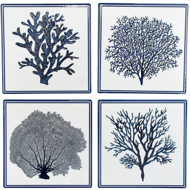 Blue White ceramic Coaster set of 4 - Coral Sea Fan