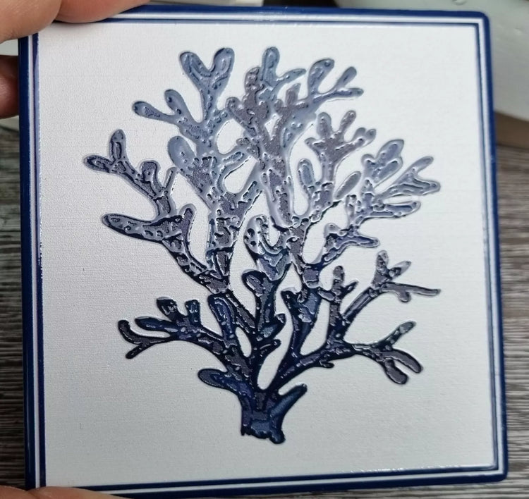 Blue White ceramic Coaster set of 4 - Coral Sea Fan