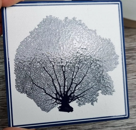 Blue White ceramic Coaster set of 4 - Coral Sea Fan