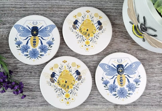 Ceramic coaster set round - Retro Honey Bees