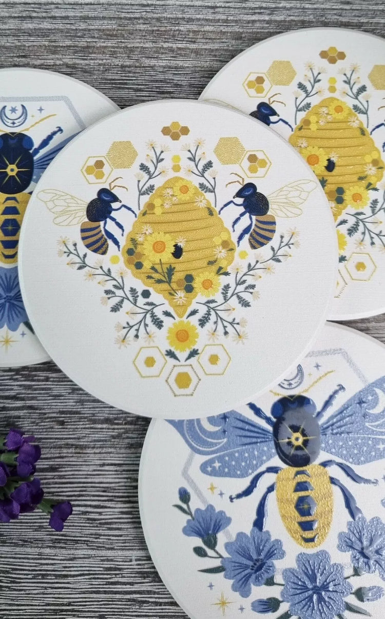 Ceramic coaster set round - Retro Honey Bees