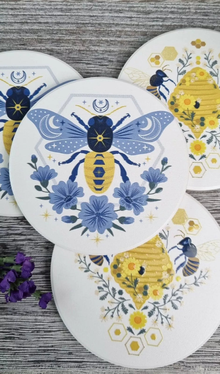 Ceramic coaster set round - Retro Honey Bees