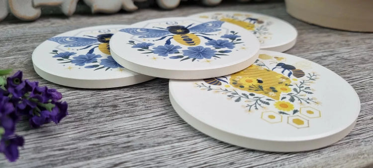 Ceramic coaster set round - Retro Honey Bees