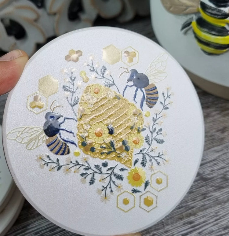 Ceramic coaster set round - Retro Honey Bees