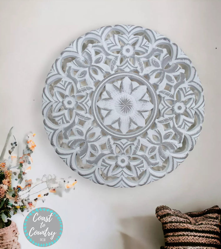 Hamptons Coastal Natural White Wash Wood Carved Wall Art Home Decor Mandala 41cm