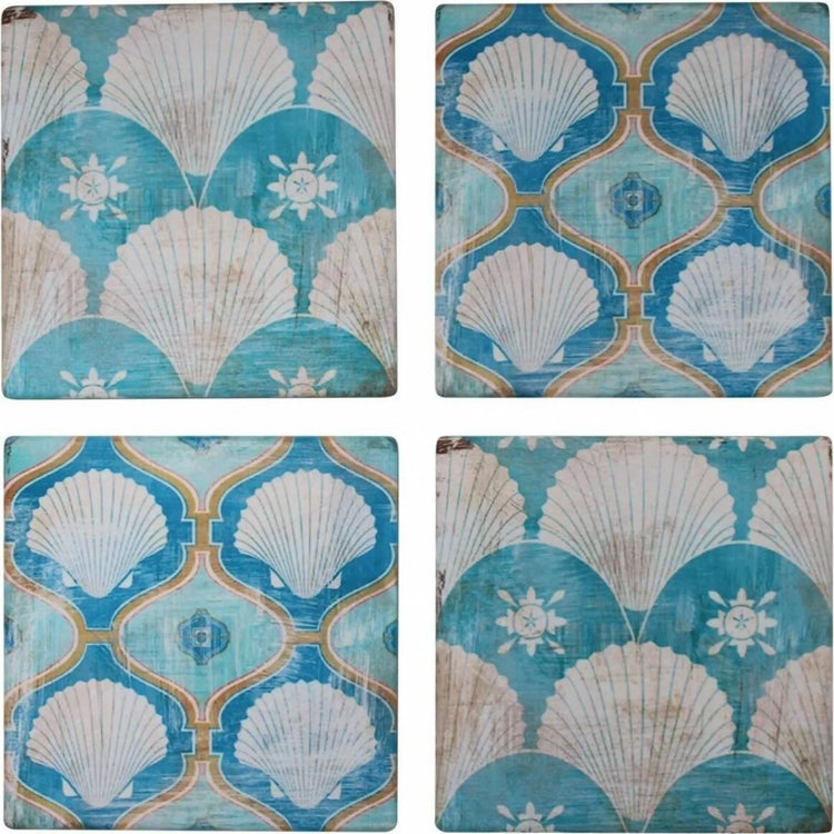 Coaster S/4 Ceramic Hamptons Blue White Clam Shell Coastal Sea Beach