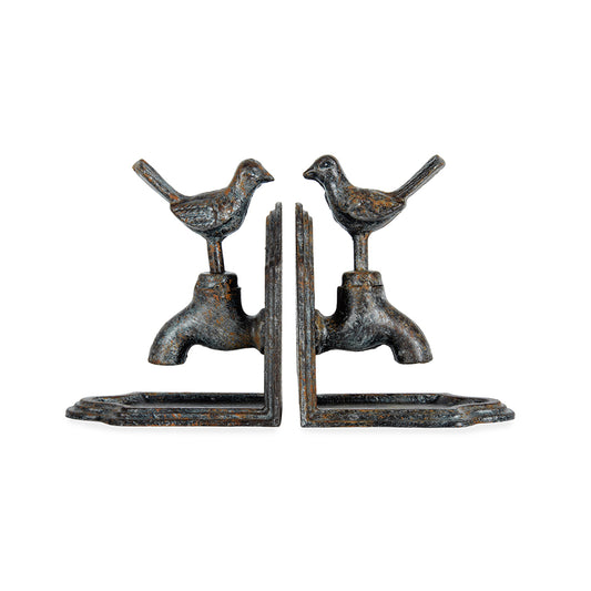 Set French Bookends Cast Iron Bird on Vintage Tap 12x12cm