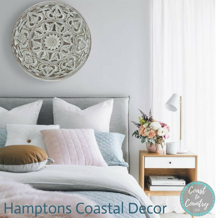 Hamptons Coastal Natural White Grey Wood Carved Wall Art Home Decor Mandala 45cm