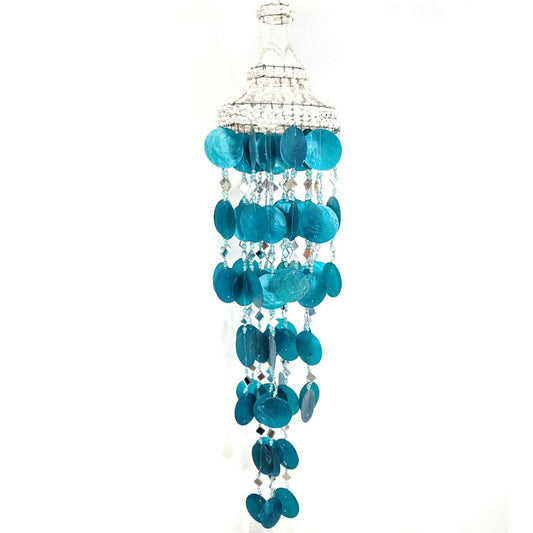 Coastal Shell & Capiz Aqua Hanging Windchime 70cm L Natural Beach Art Ornament