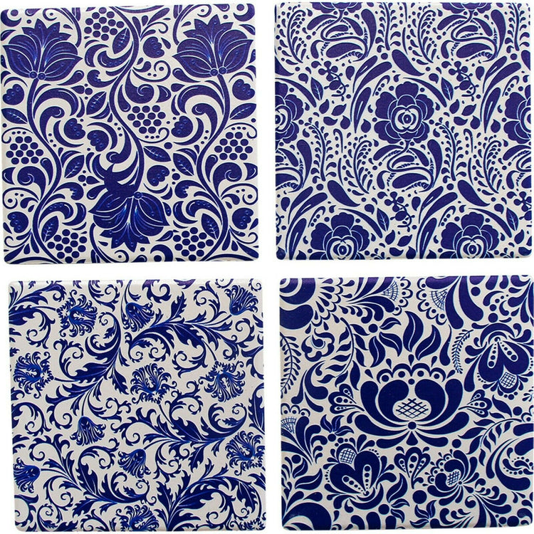 Hamptons Blue White ceramic Coaster set of 4 Folk Art