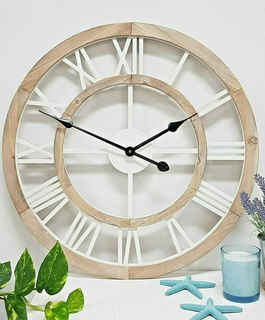 Hamptons Coastal Large Floating Wooden Wall Clock 60cm French Country Scandi