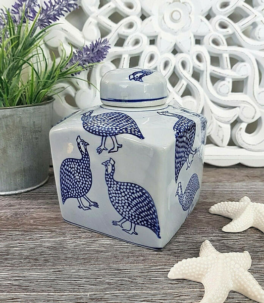 Hamptons Blue White Jar Sml Square - Guinea Fowl