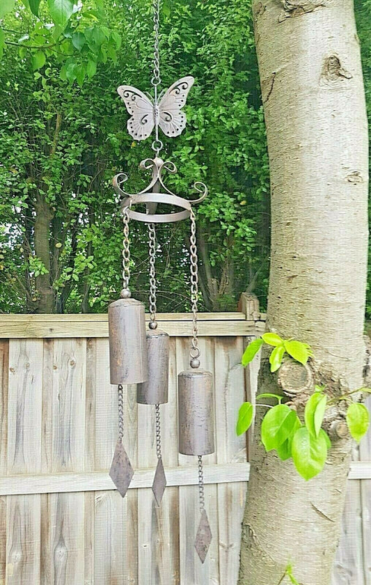 Wind Chime Bell Butterflies Rustic Metal Hanging Rusty Garden Art Ornament 97cm