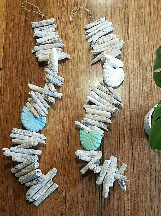 Coastal Driftwood Blue Shell Hanging Garland 100cm Hamptons Rustic White wash