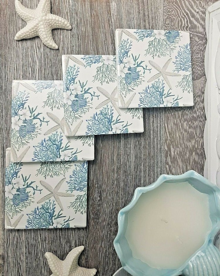 Hamptons Blue White ceramic Coaster 4 set Starfish