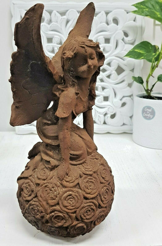 Fairy on Flower Ball Cast Iron Statue Garden Art Ornament French Sculpture 31cm