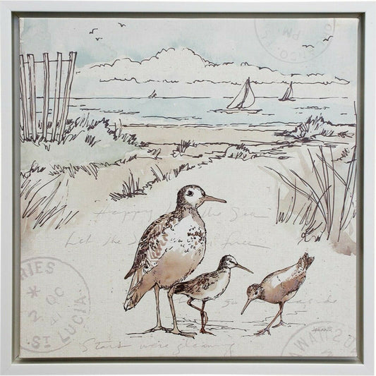 Hamptons Style Framed Canvas Print Wall Art Sandpipers 2 Coastal Decor 40x40cm