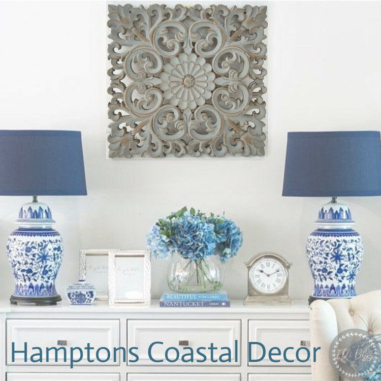 Hamptons Coastal Natural Grey Wash Wood Carved Wall Art Home Decor Mandala 40cm