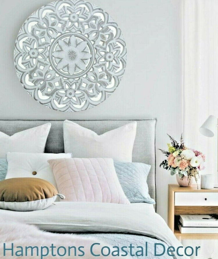 Hamptons Coastal White Wash Large Wood Carved Wall Art Home Decor Mandala 50cm