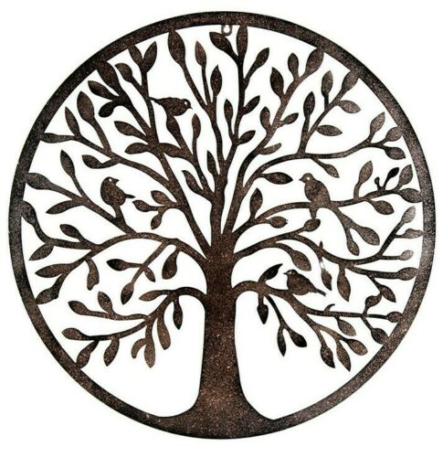 French Rustic 60cm Tree of Life & Birds Round Metal Wall Garden Art Sculpture