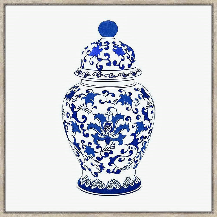 Hamptons Blue & White Ginger Jar Framed Canvas Print 60x60