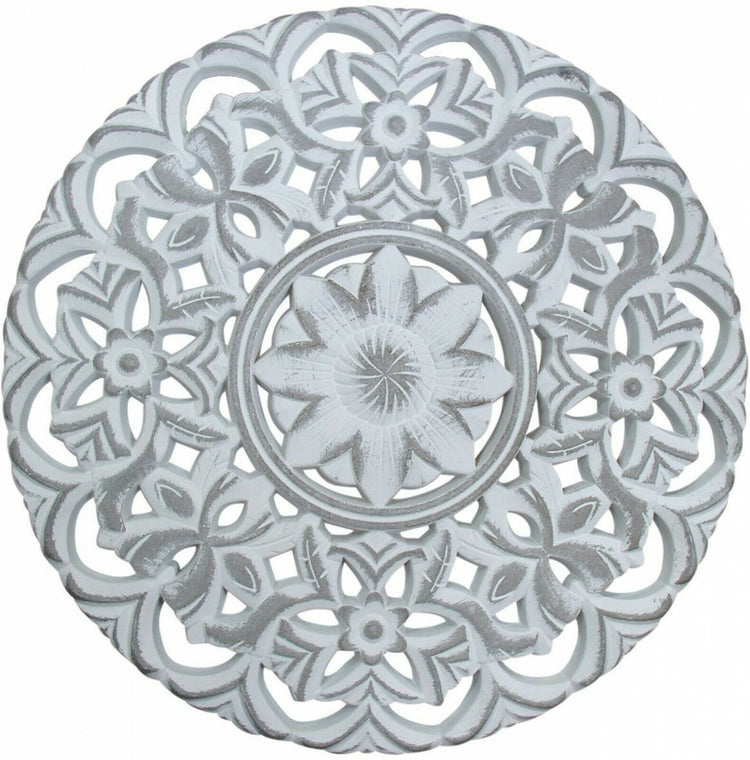 Hamptons Coastal White Wash Large Wood Carved Wall Art Home Decor Mandala 50cm