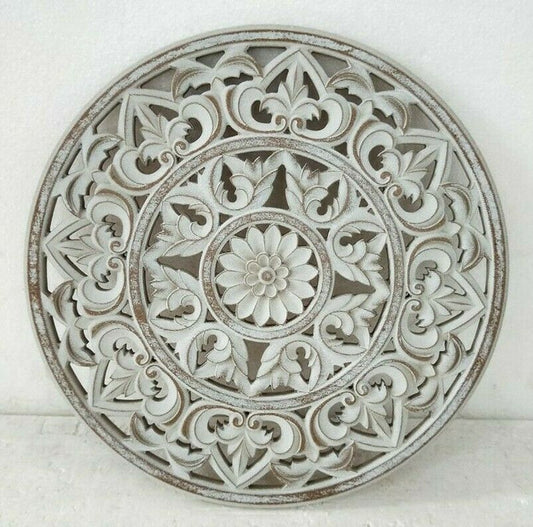 Hamptons Coastal Natural White Grey Wood Carved Wall Art Home Decor Mandala 45cm