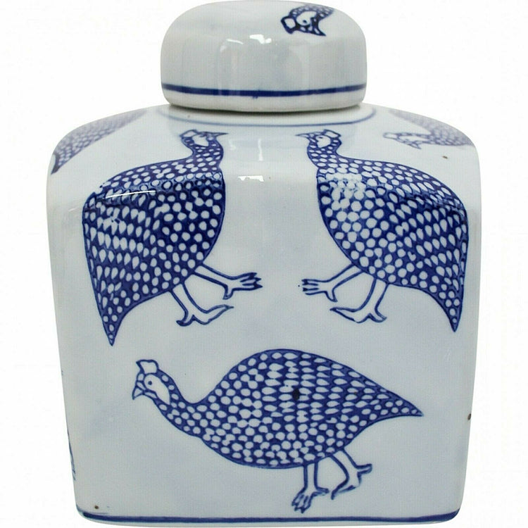 Hamptons Blue White Jar Sml Square - Guinea Fowl