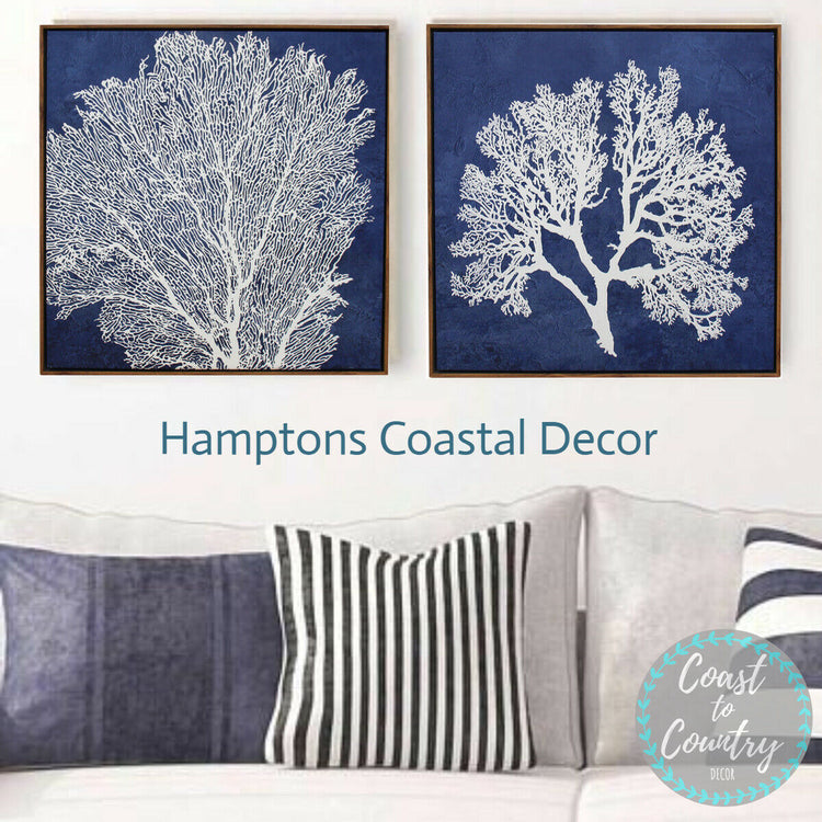 Hamptons Blue White Coral #3 Framed Canvas Print Wall Art Coastal Decor 50x50cm