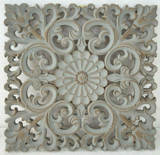 Hamptons Coastal Natural Grey Wash Wood Carved Wall Art Home Decor Mandala 40cm