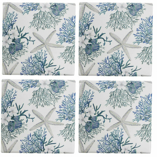 Hamptons Blue White ceramic Coaster 4 set Starfish