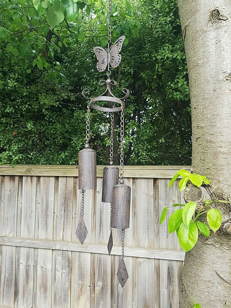 Wind Chime Bell Butterflies Rustic Metal Hanging Rusty Garden Art Ornament 97cm