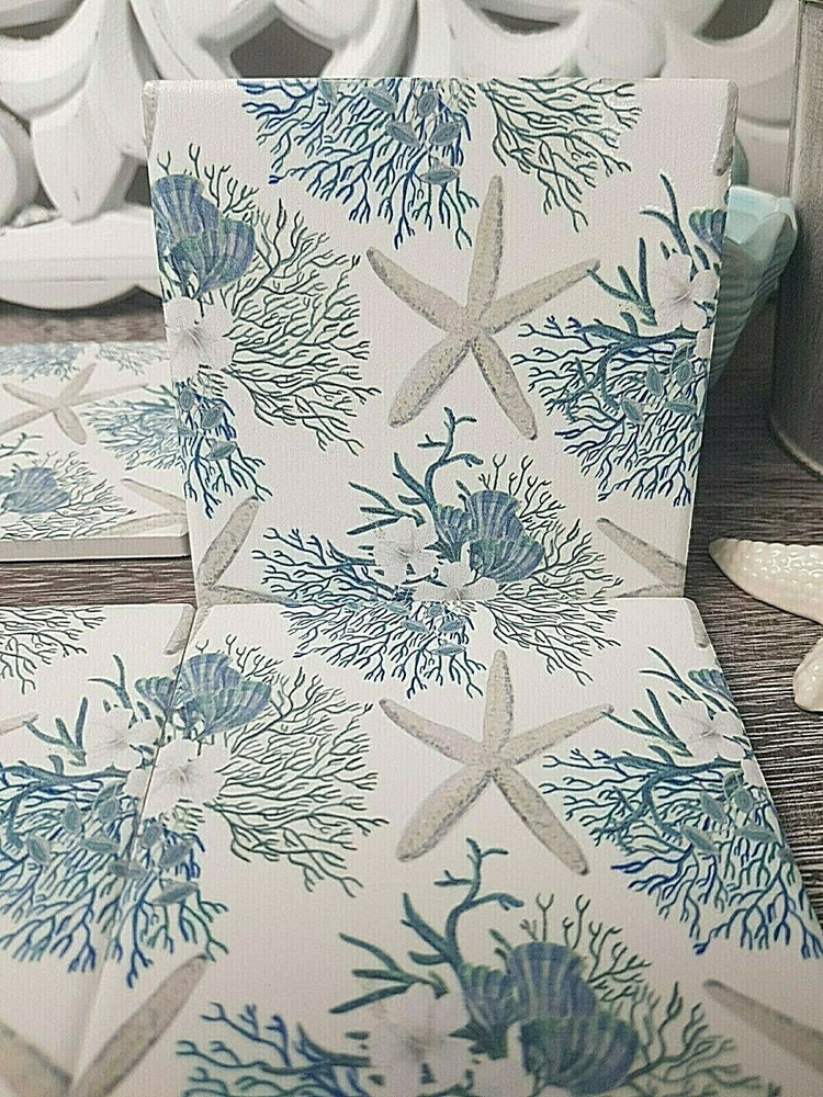 Hamptons Blue White ceramic Coaster 4 set Starfish