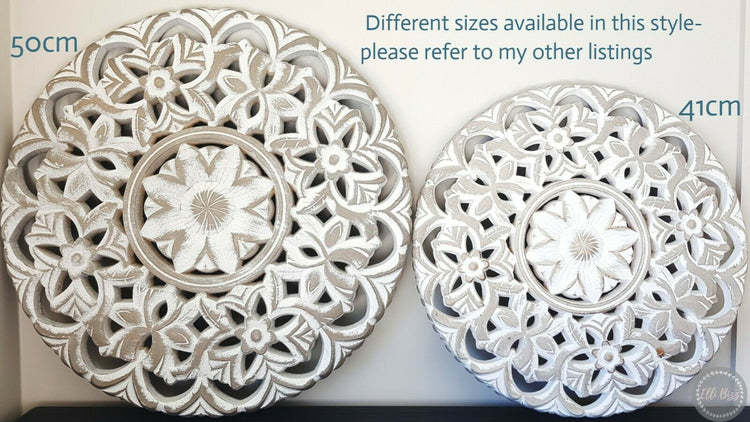 Hamptons Coastal White Wash Large Wood Carved Wall Art Home Decor Mandala 50cm