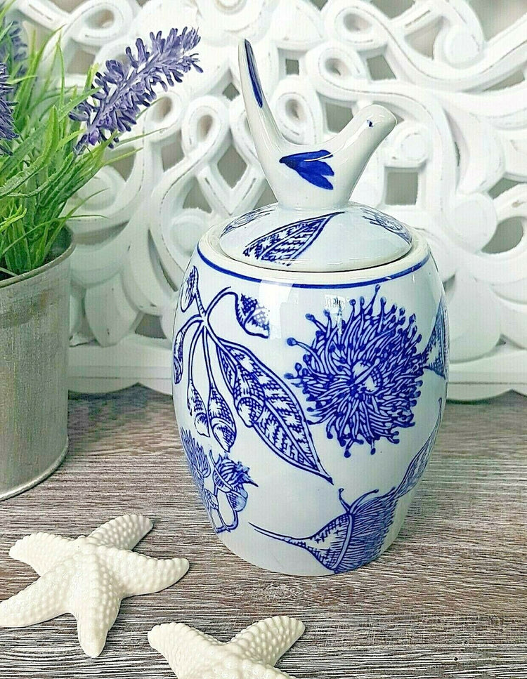 Hamptons Blue White Jar Flowering Gum w Bird Coastal Provincial Farmhouse 19cm