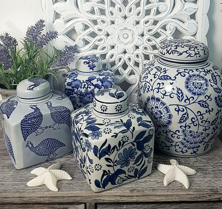 Hamptons Blue White Jar Sml Square - Guinea Fowl