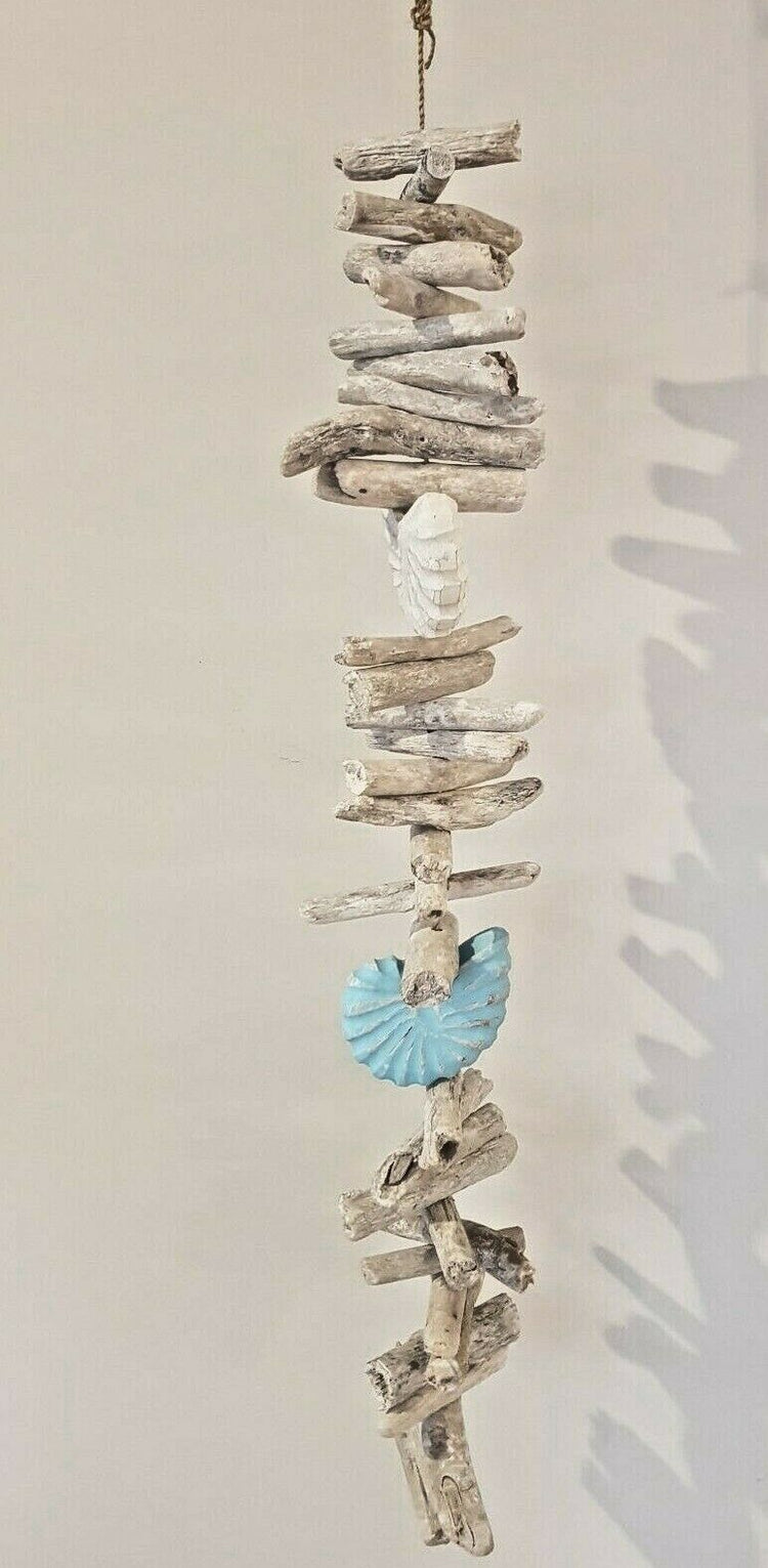 Coastal Driftwood Blue Shell Hanging Garland 100cm Hamptons Rustic White wash